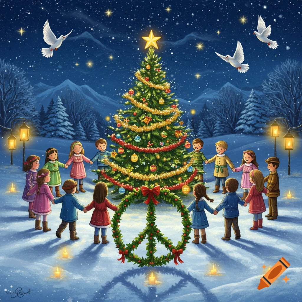 Illustration of children holding hands around a decorated Christmas tree in a snowy landscape with doves and a peace wreath.