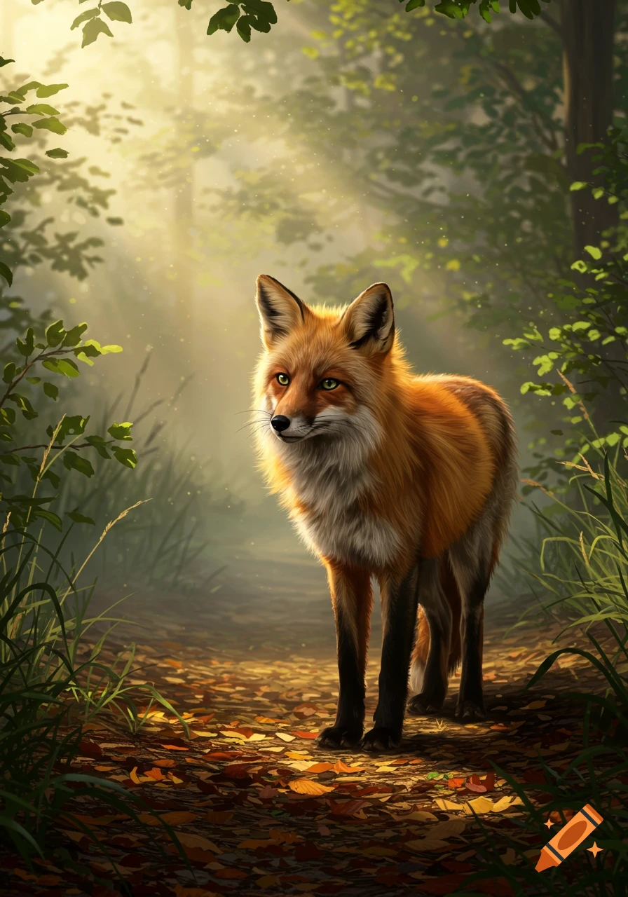 A photorealistic fox with green eyes stands on a path covered in autumn leaves in a sunlit forest.