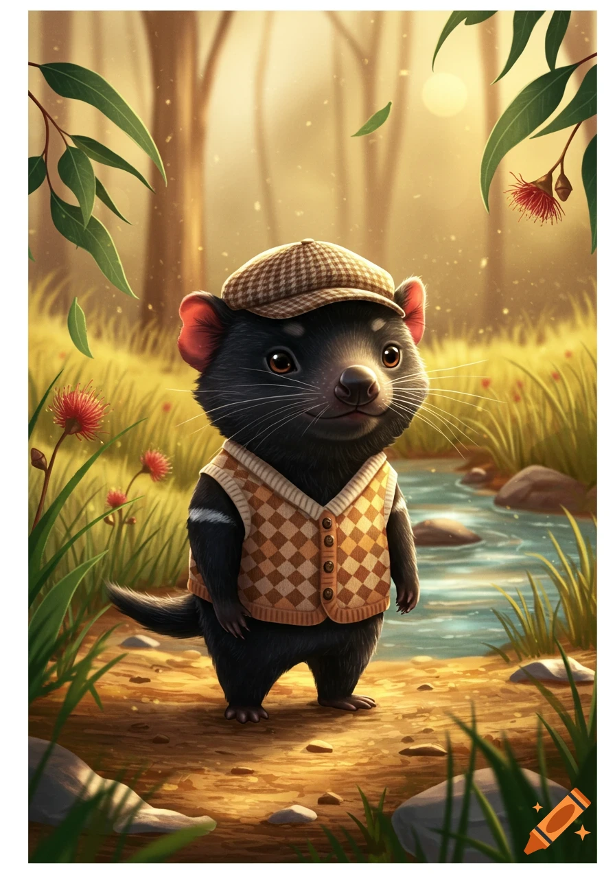 A cute, stylized Tasmanian devil wearing a flat cap and argyle vest stands by a stream in a sunny forest.