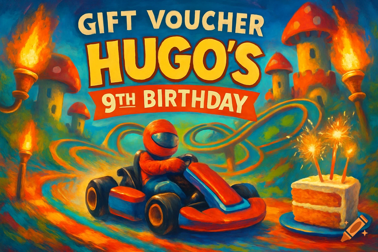 Vibrant cartoon gift voucher with a kart racer, mushroom castles, birthday cake with sparklers, and text 'GIFT VOUCHER HUGO'S 9TH BIRTHDAY'.
