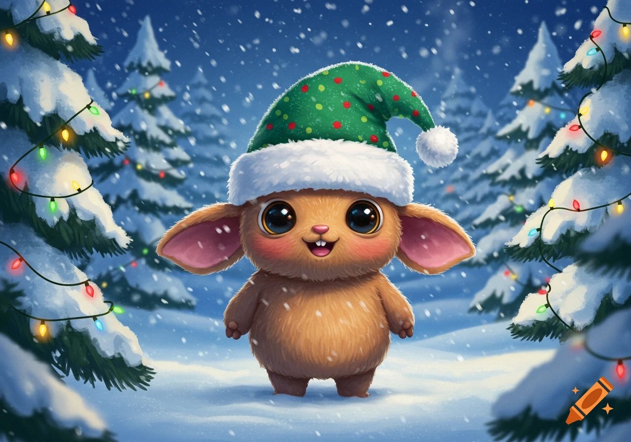 A cute, fluffy, brown creature with large eyes and ears, wearing a green polka-dot Christmas hat, stands in a snowy forest with illuminated Christmas trees.