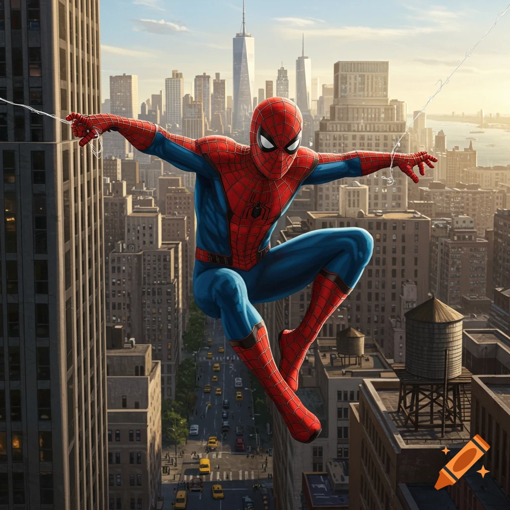 Spider-Man swings between skyscrapers in New York City on a sunny day, photorealistic.