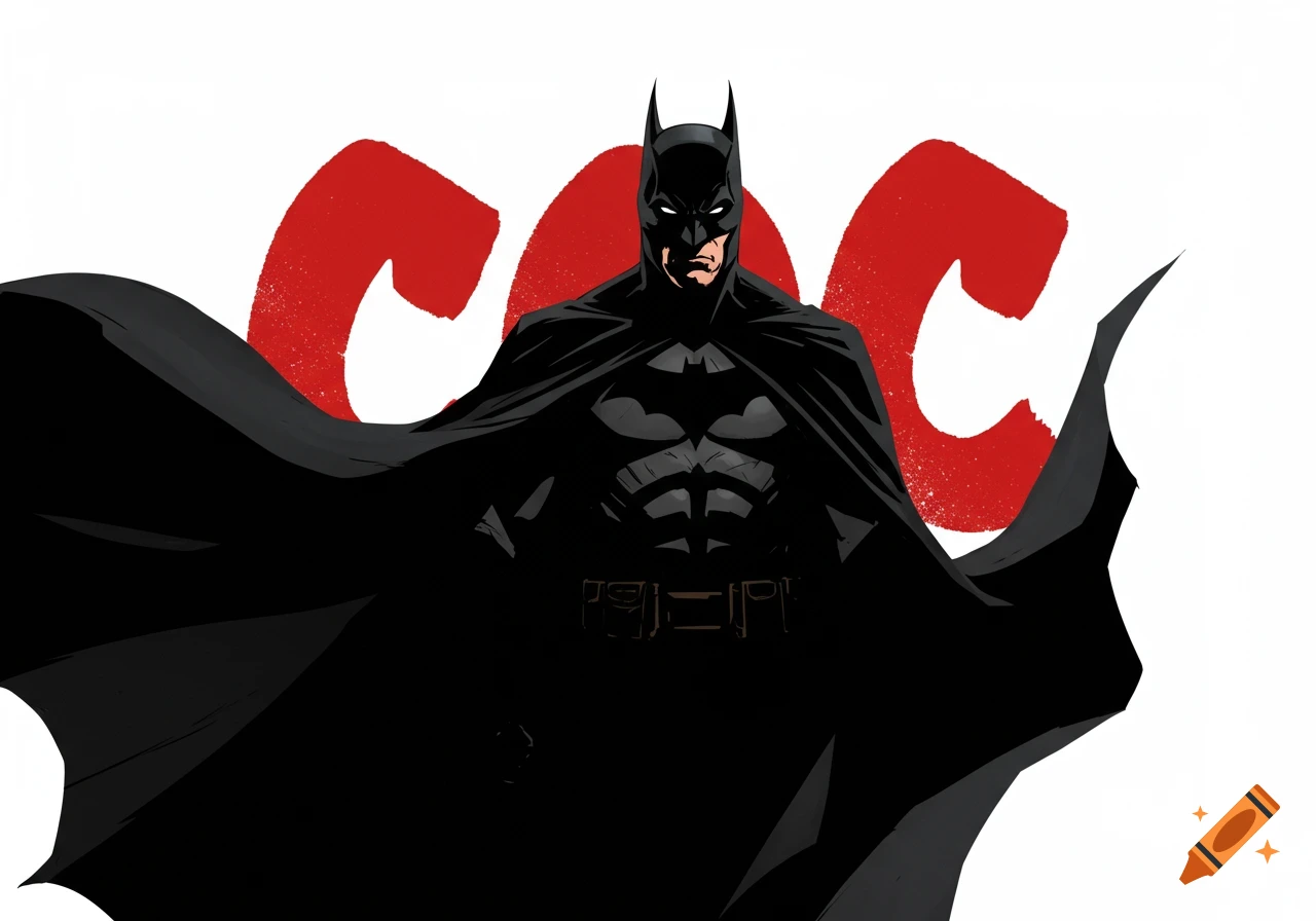 A stylized illustration of Batman with his cape flowing, standing against a white background with large red letters 'COC'.