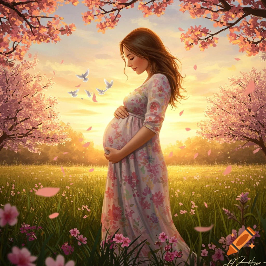 A serene pregnant woman in a floral dress, cradling her belly in a spring field with cherry blossoms and doves at sunset.