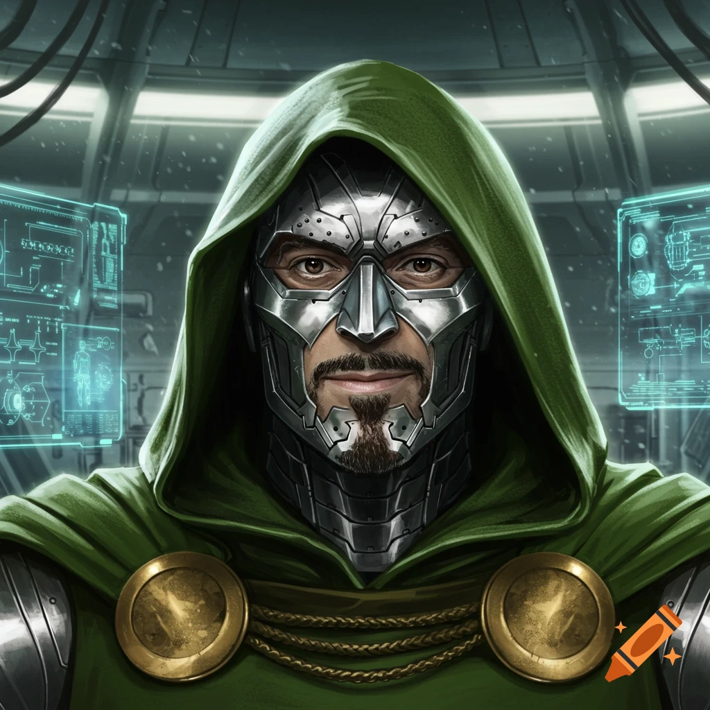 A portrait of Doctor Doom wearing a green hood and silver mask, with a visible human mouth and goatee, in a futuristic setting.