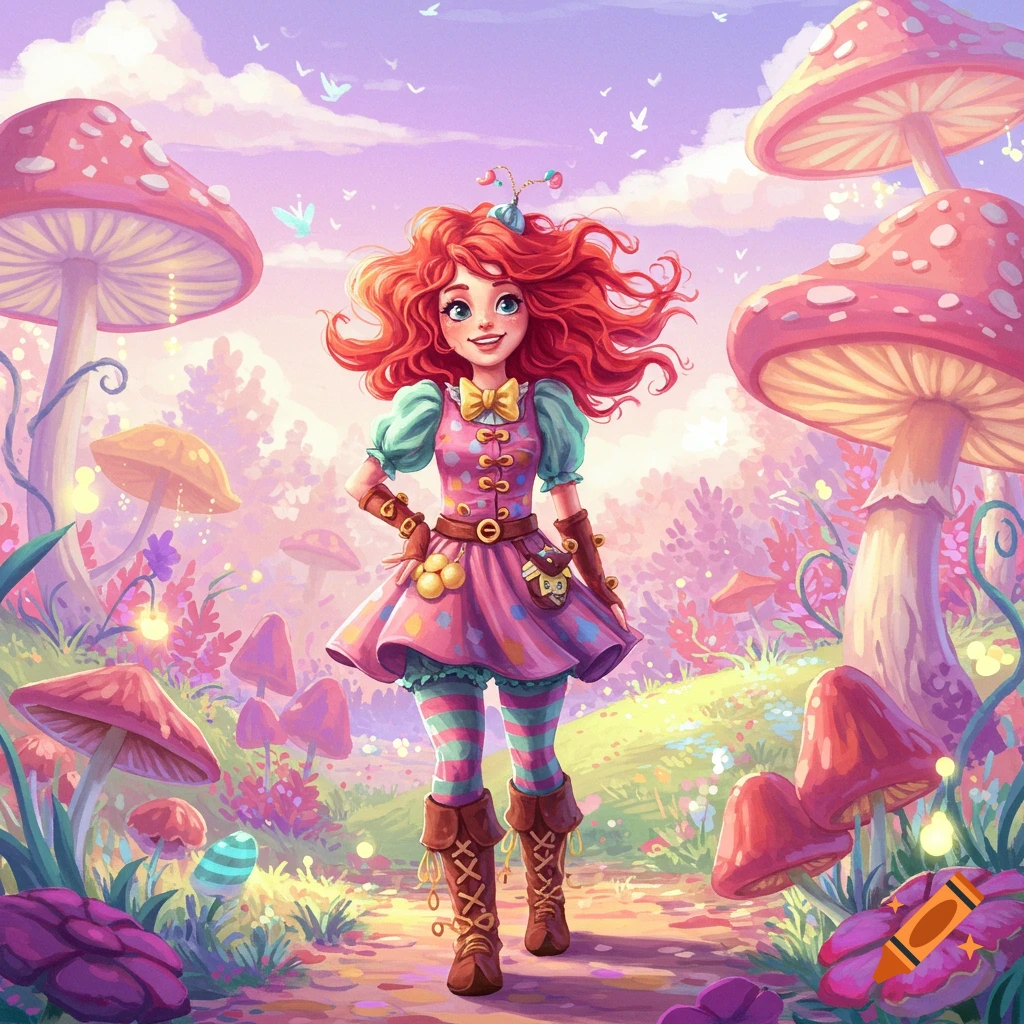 A cheerful, red-haired girl in a pink dress and striped tights stands on a path surrounded by large, colorful mushrooms and glowing plants in a vibrant, whimsical fantasy landscape.