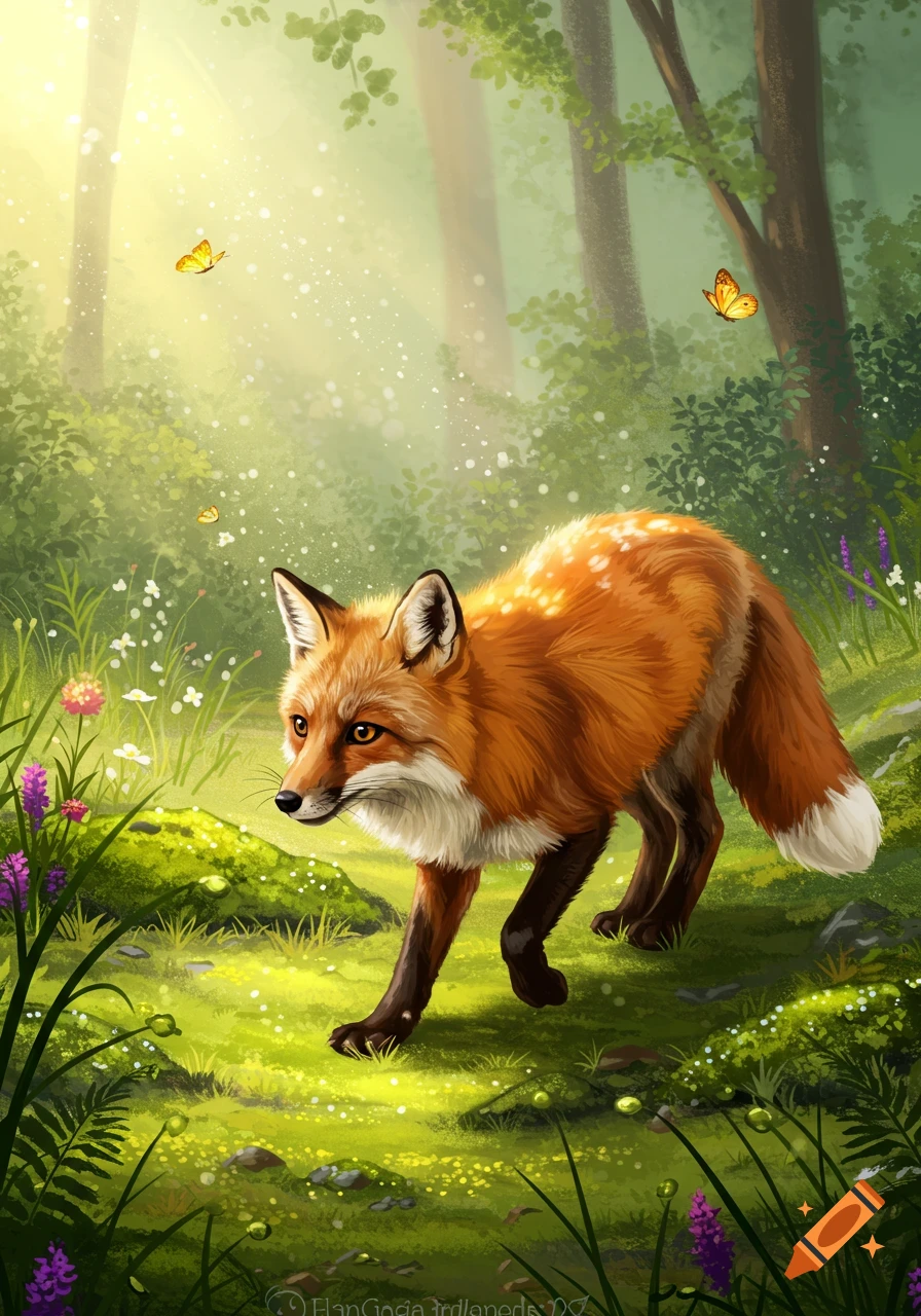 A vibrant digital painting of a red fox walking through a sunlit green forest with wildflowers and butterflies.