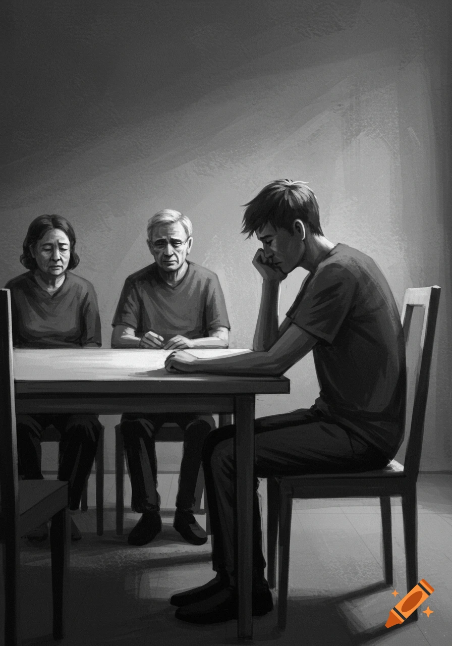 Grayscale illustration of a sad young man at a table with his somber parents.