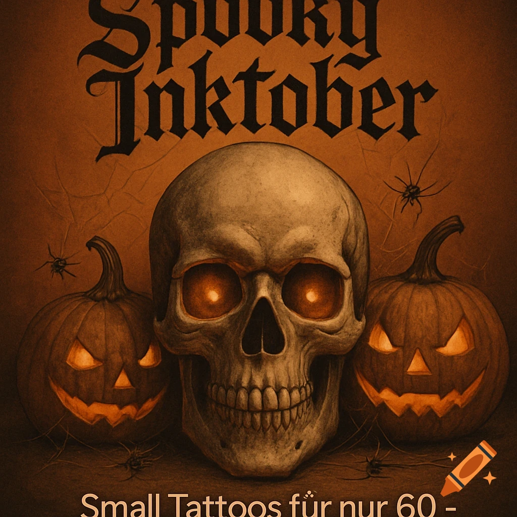 A spooky image featuring a central skull with glowing eyes, flanked by two carved jack-o'-lanterns, with spiders crawling on an orange background. Text reads "Spooky Inktober" and "Small Tattoos für nur 60 -"