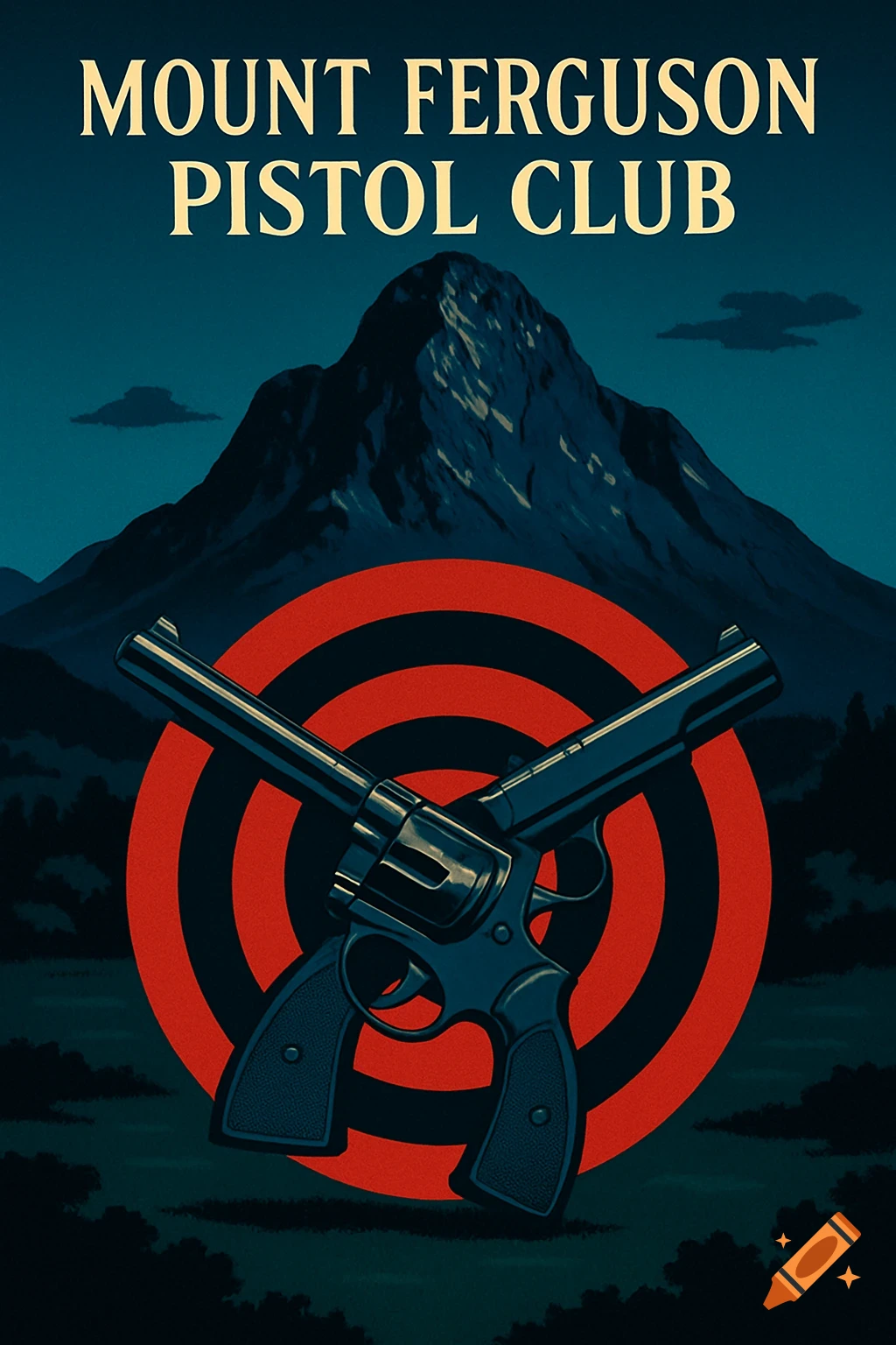 A stylized poster with two revolvers crossed over a red and black target, set against a dark mountain under a deep blue sky. Text reads 'MOUNT FERGUSON PISTOL CLUB'.