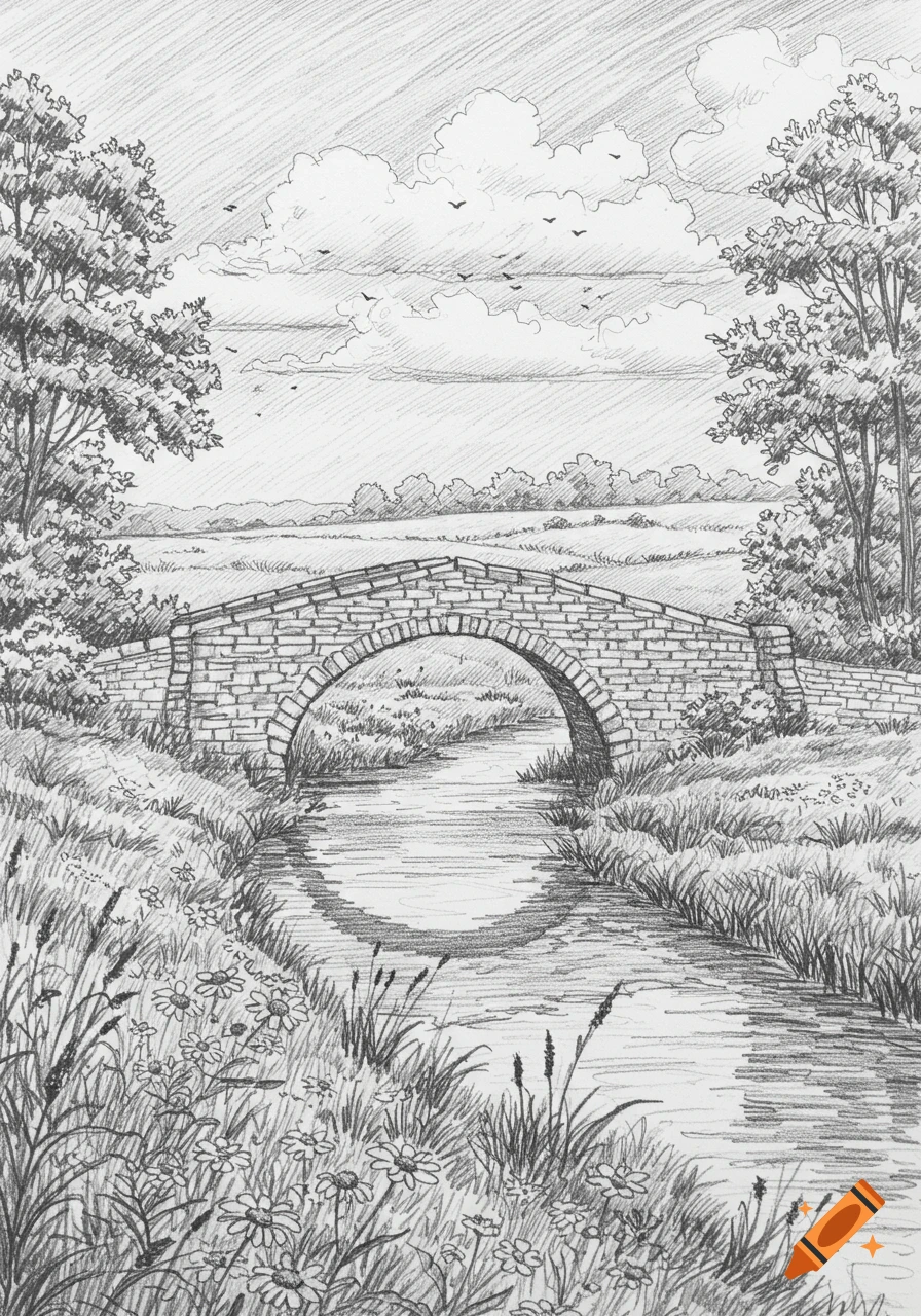 Pencil drawing of a stone bridge over a stream, flanked by trees and fields under a cloudy sky.