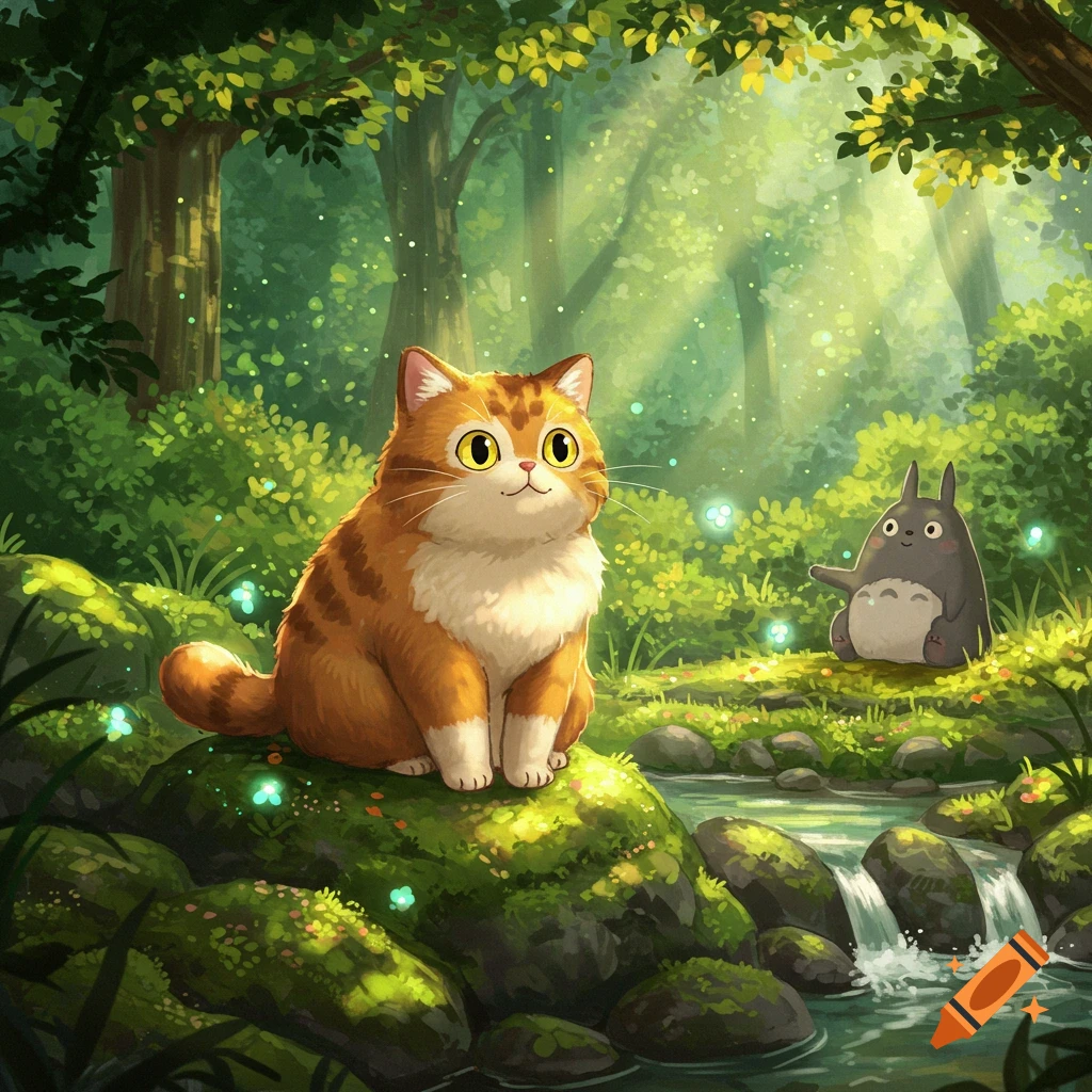 A chubby orange and white Ghibli-style cat sits on a mossy rock in a sunlit forest, with a grey Totoro character nearby.