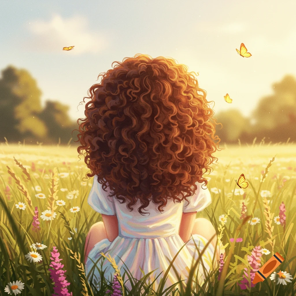 Illustration of a girl with curly hair seen from behind, sitting in a sunny field of wildflowers with butterflies.