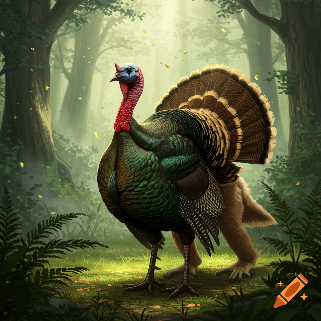 A fantastic creature with a turkey's front and a gibbon's furry hindquarters stands in a sunlit, enchanted forest.