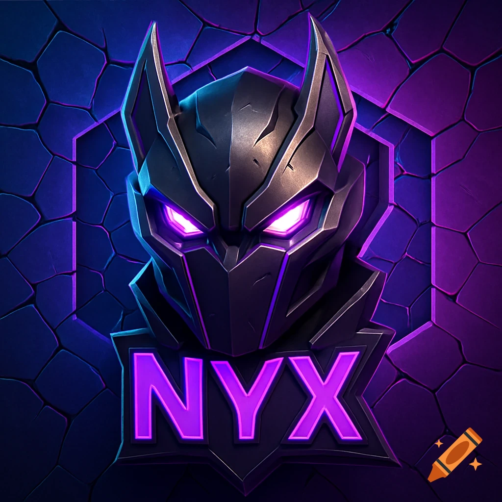 A dark metallic, stylized mask with glowing purple eyes and "NYX" text, on a blue and purple hexagonal background.