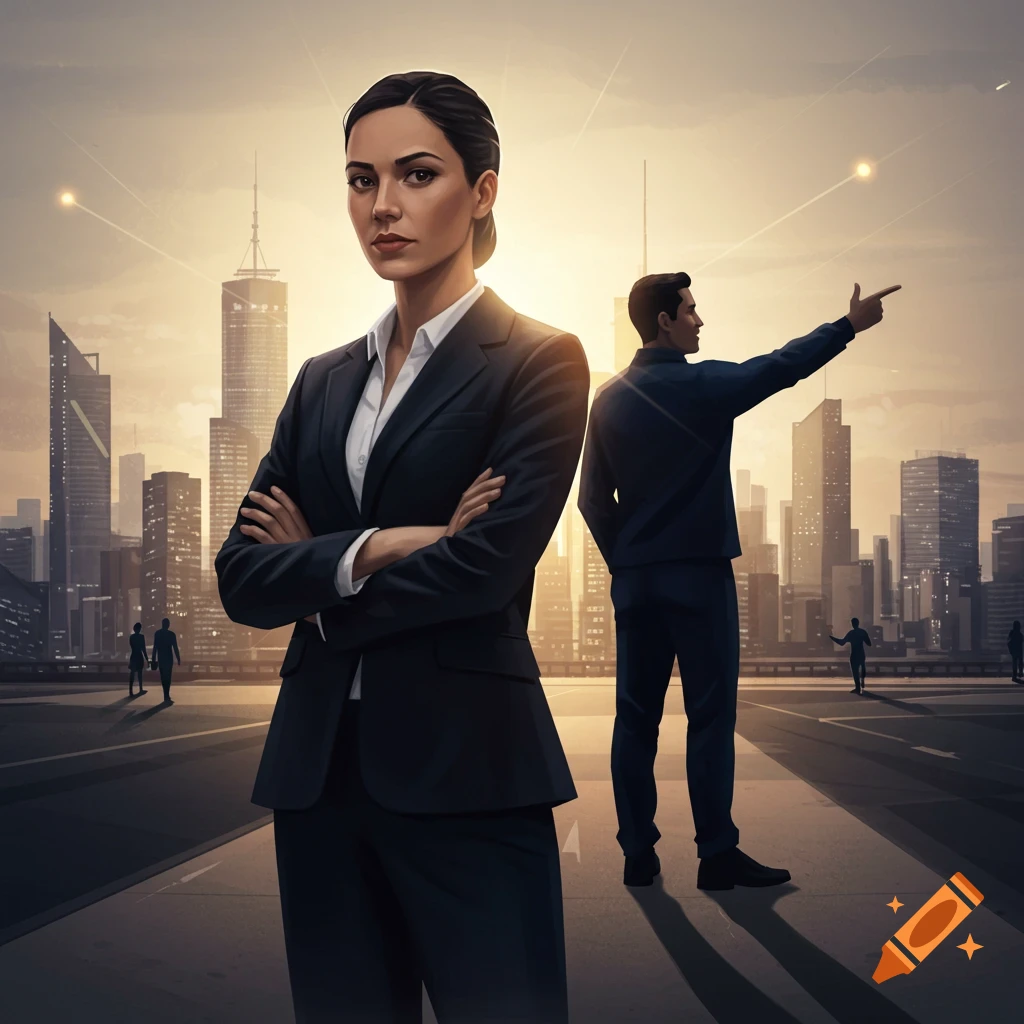 A professional woman in a suit stands with crossed arms in a city, with a man pointing in the background.