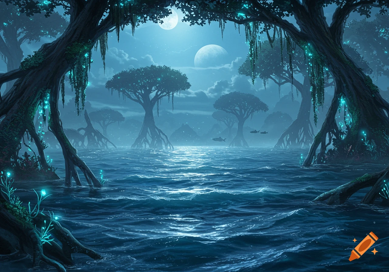 A glowing alien mangrove swamp under multiple moons, with dark water and luminous plants.