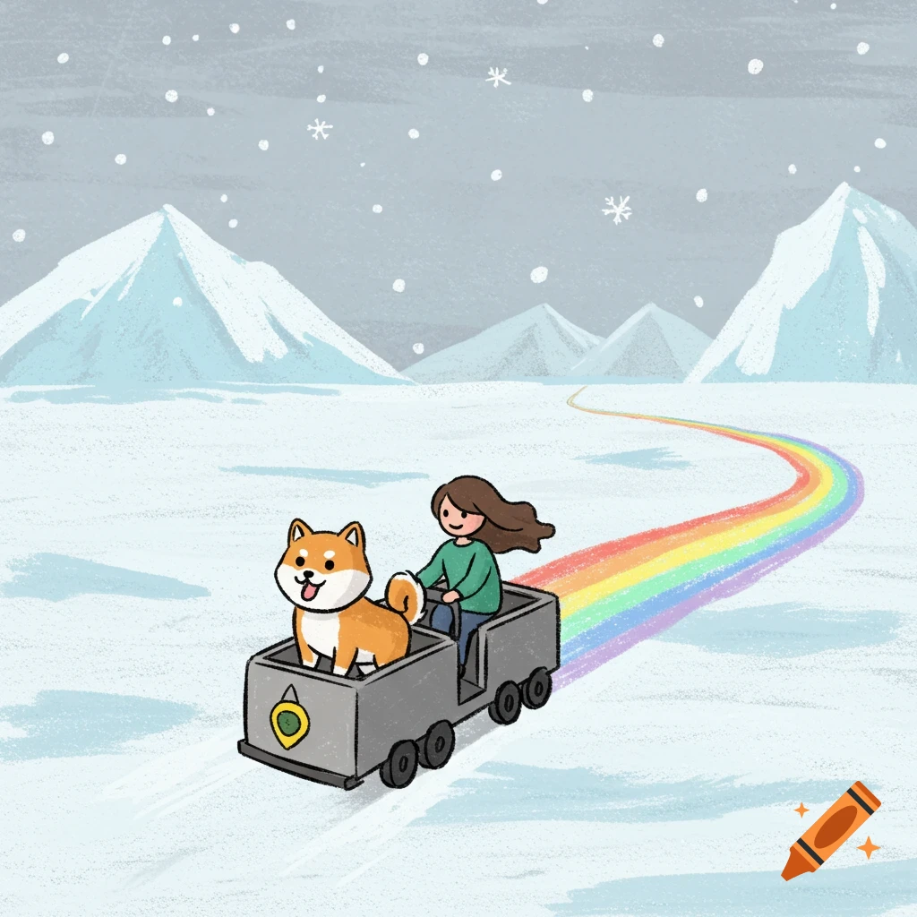 A cartoon woman and a shiba dog ride a gray mine cart on a rainbow path through a snowy arctic landscape with mountains and falling snowflakes.