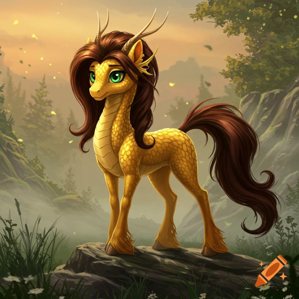 A yellow dragon-pony hybrid with bright green eyes and a long brown mane and tail stands on a rock in a forest setting.