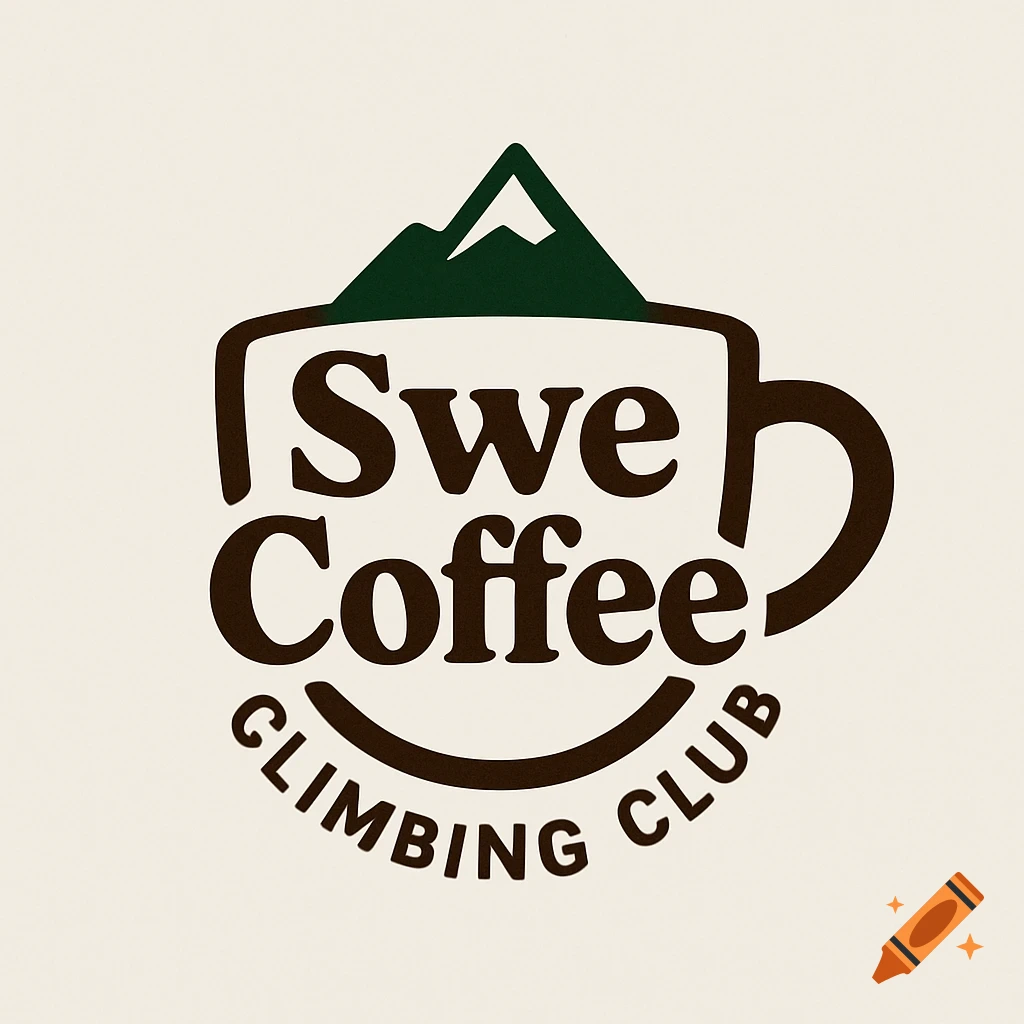 A simple logo for Swe Coffee Climbing Club featuring a coffee cup with a mountain peak emerging from the top, in dark green and brown on a cream background.
