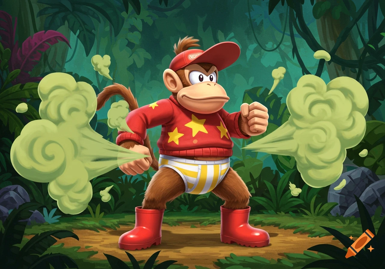 Cartoon Diddy Kong in a red sweater, yellow-striped briefs, and red boots, farting green fumes in a lush jungle.