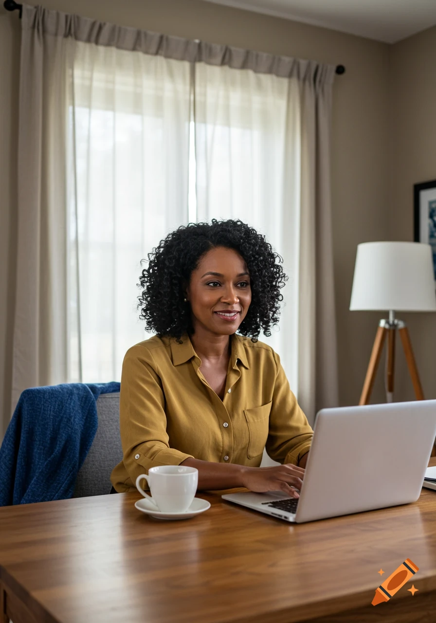 A smiling African-American woman with curly hair sits at a wooden desk in a cozy home office, typing on a laptop with a cup of tea nearby.