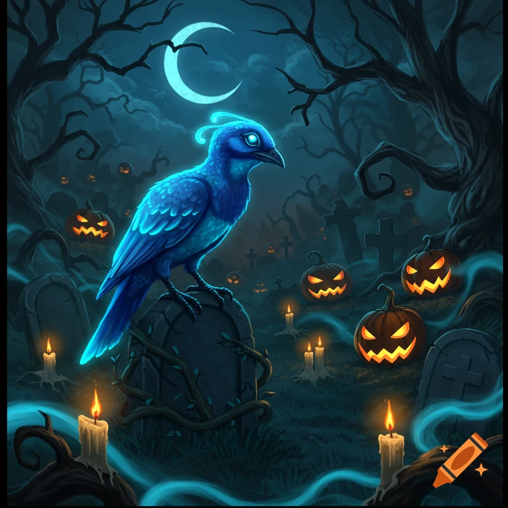 Glowing blue bird on a tombstone in a spooky Halloween graveyard with glowing pumpkins and candles under a crescent moon, digital art.