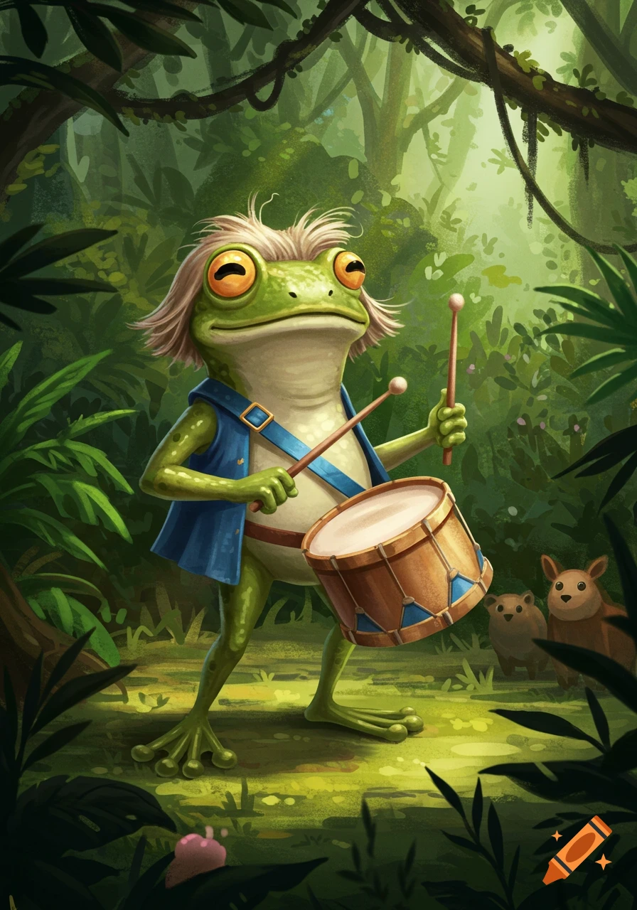 A vibrant illustration of a frog with blonde hair playing a marching snare drum in a lush jungle with small animal spectators.