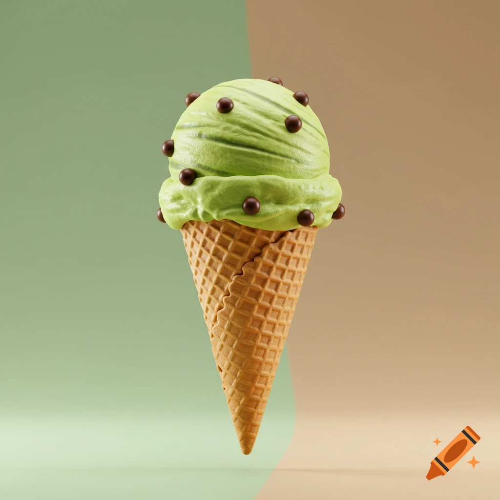A single scoop of light green avocado chocolate chip ice cream with brown sprinkles on a waffle cone, against a split green and brown background.