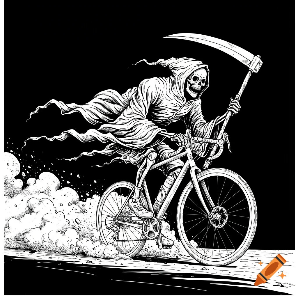 Black and white comic-style illustration of the Grim Reaper riding a bicycle through dust, holding a scythe.