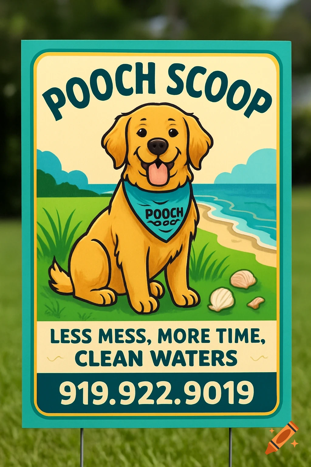 A cartoon yard sign for 'Pooch Scoop' featuring a golden retriever on a beach background, with a phone number.