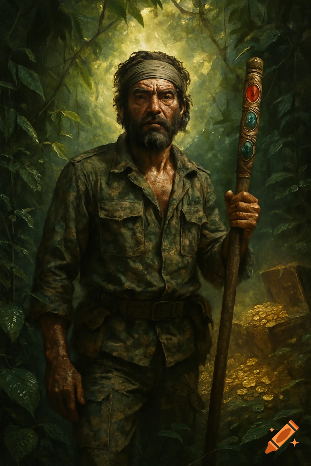 A rugged, bearded man in camouflage holds a gem-adorned staff amidst a lush jungle, with gold coins in the background.