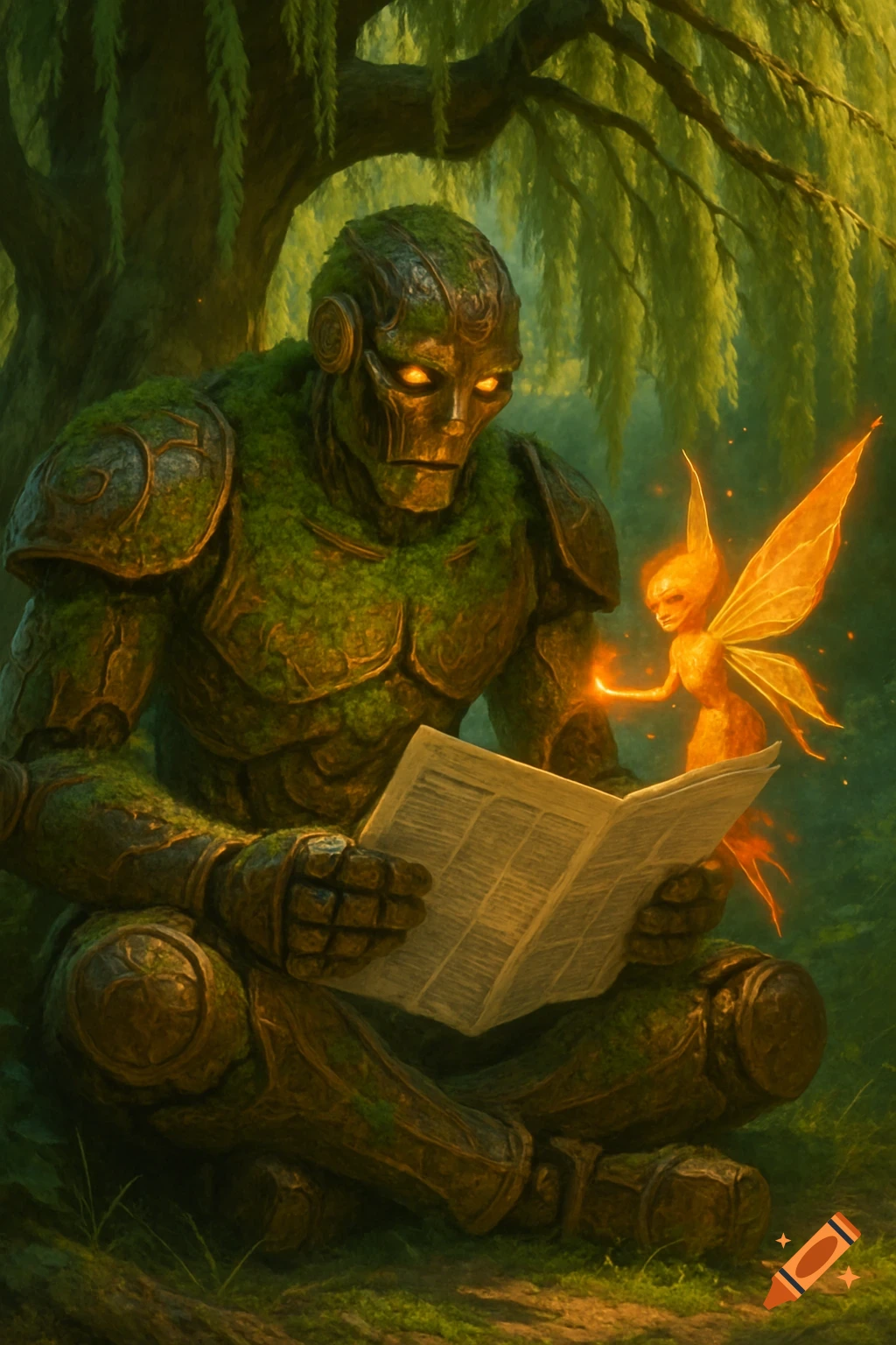 A moss-covered warforged druid sits under a weeping willow tree, reading a newspaper with a glowing fire fairy.