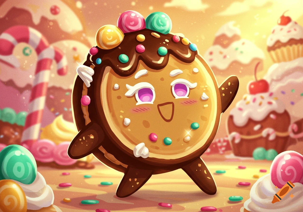 A cheerful, round cookie character with chocolate icing and colorful sprinkles on its head, stands in a vibrant candy land with cupcakes and lollipops.