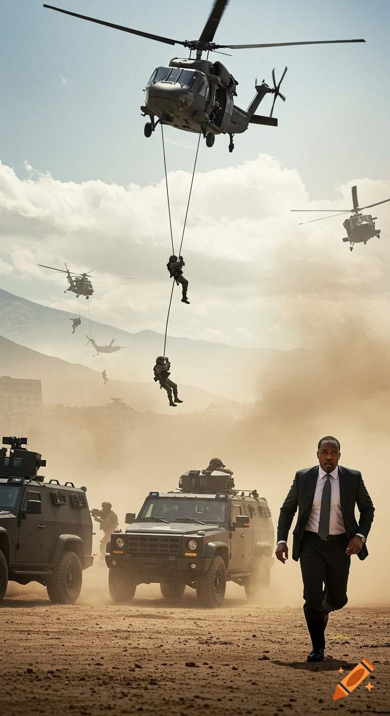 Photorealistic image of a man in a suit running from armored SUVs and rappelling soldiers from helicopters in a dusty desert.