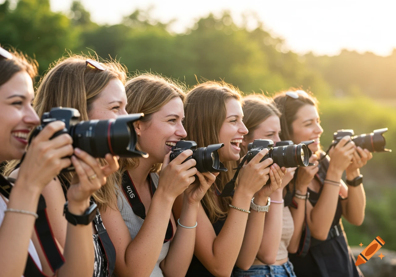 A group of cheerful female photographers holding DSLR cameras, smiling and laughing outdoors at sunset.