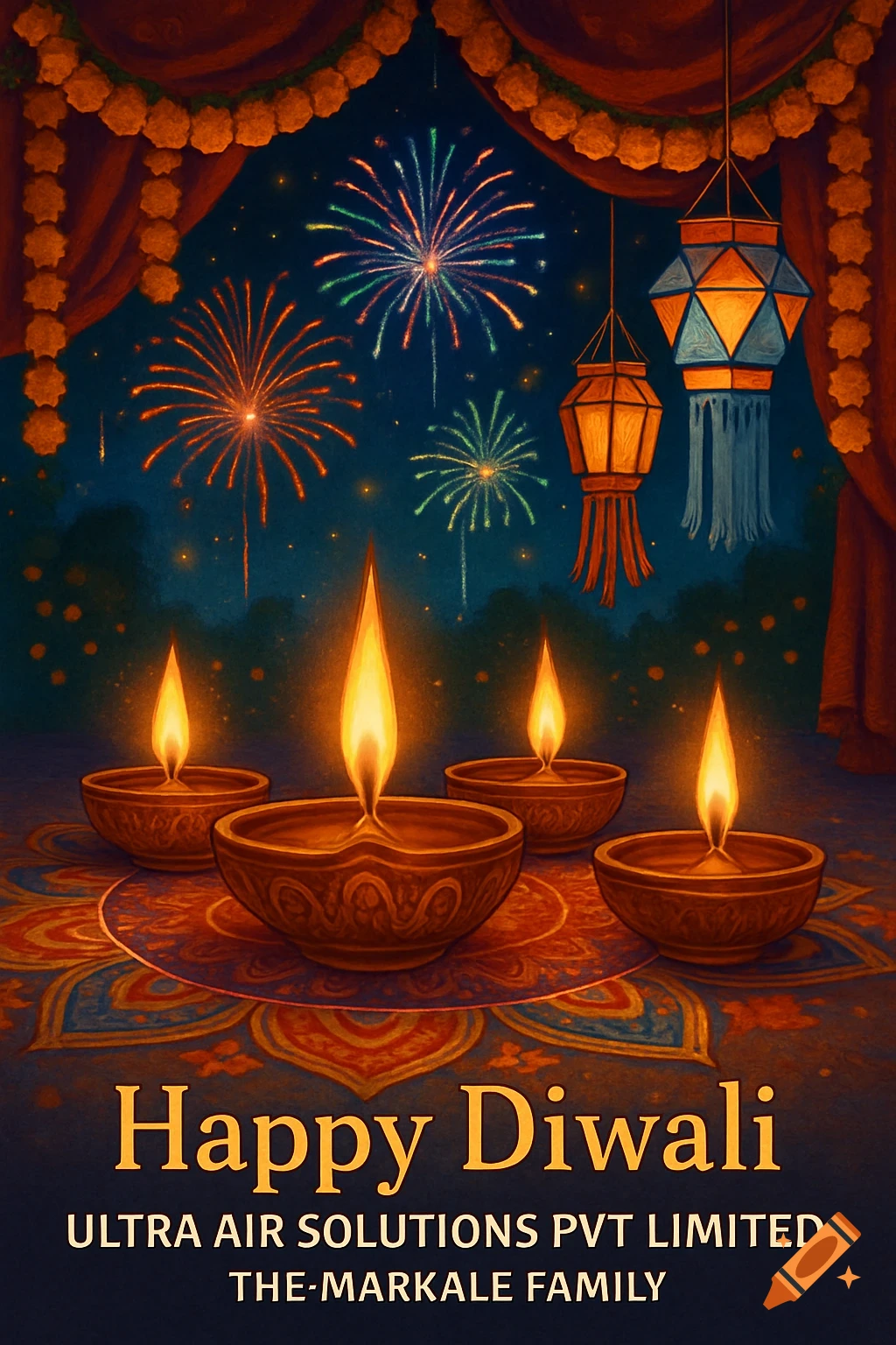 A vibrant digital art piece for Diwali with four burning diyas, colorful fireworks, hanging lanterns, and garlands against a dark sky and draped red curtains.