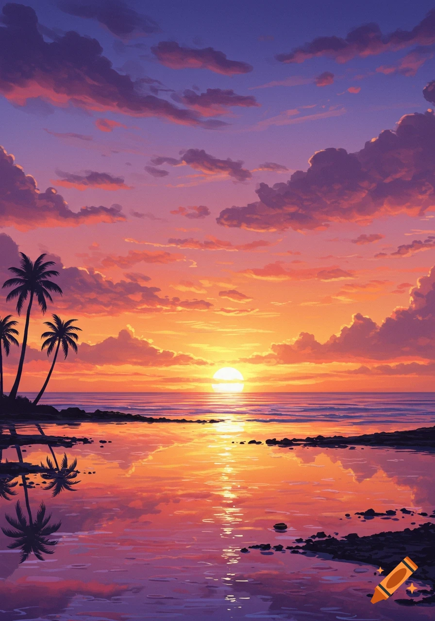 A vibrant digital painting of a tropical sunset with palm trees silhouetted against an orange and purple sky, reflected in the water.