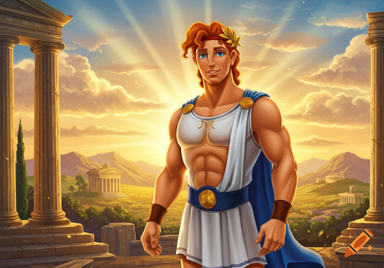 A muscular cartoon Hercules with a laurel wreath and toga stands in an ancient Greek landscape with temples at sunset.