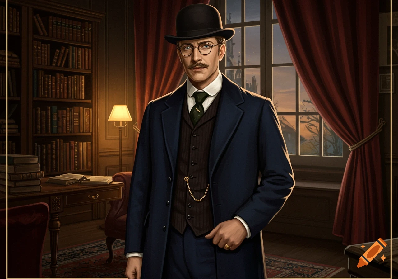 A man in a bowler hat, glasses, and a suit stands in a study with bookshelves and a window.