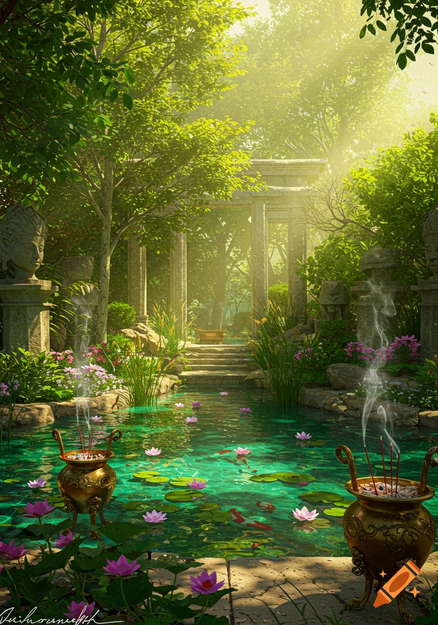 An ethereal, tranquil garden with a turquoise pond, pink lotus flowers, incense, stone statues, and ancient archways under bright sun.