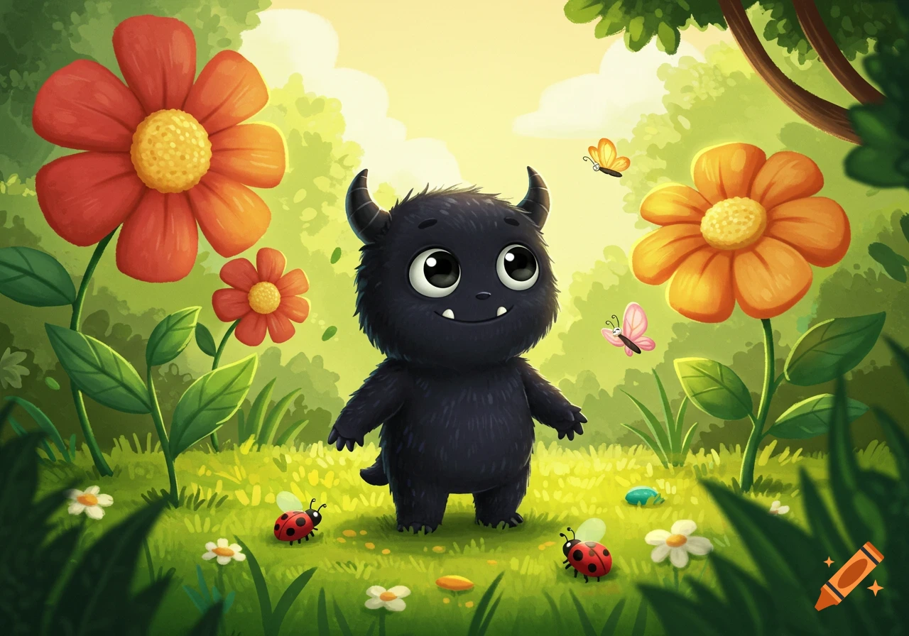 A cute black cartoon monster with big eyes and small horns stands in a sunny, grassy field with colorful flowers, butterflies, and ladybugs.