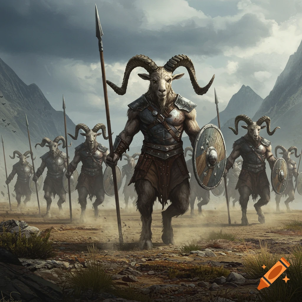 An army of armored goat-men warriors with spears and shields marches through a dusty, mountainous landscape under a cloudy sky.