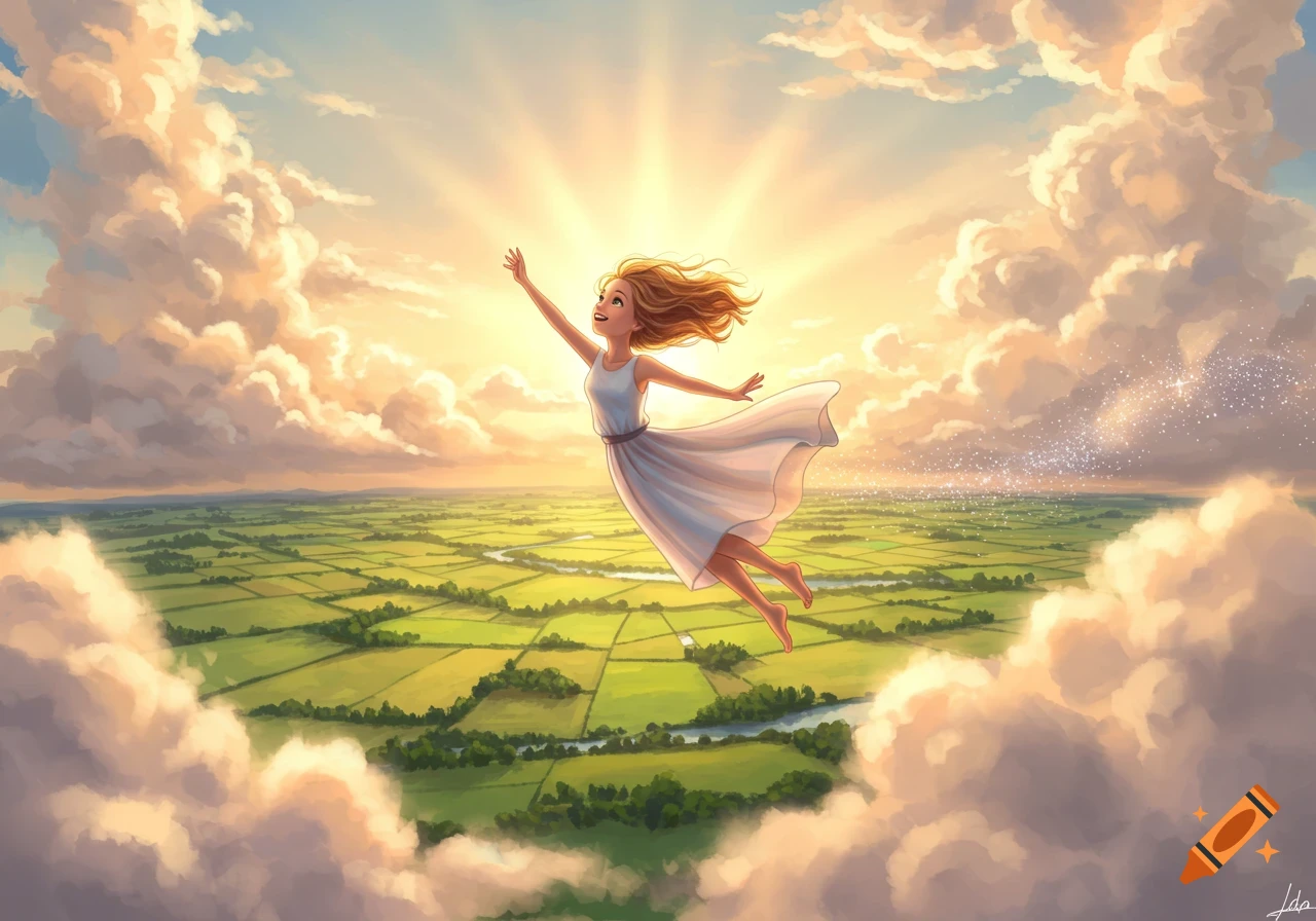 An illustrative drawing of a young girl flying happily above a lush green landscape with fluffy white and orange clouds.