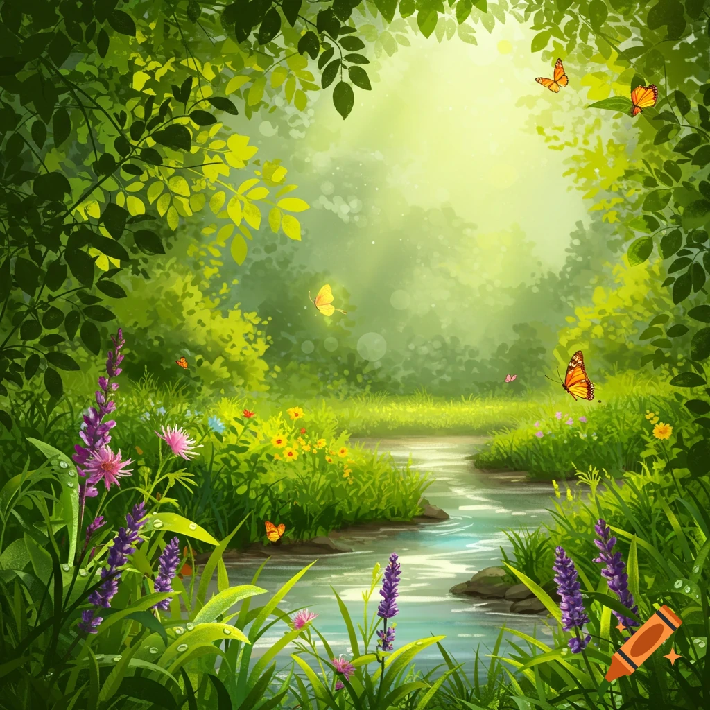 Lush green forest scene with a winding stream, colorful flowers, and butterflies fluttering in sun-dappled light.