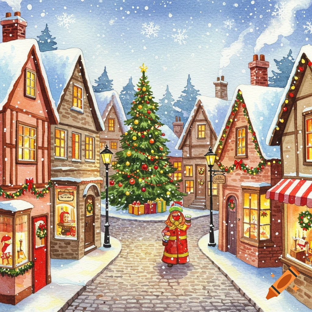 A snowy watercolor painting of a festive vintage Christmas village with a large decorated tree and a Santa-like figure on a cobblestone street.
