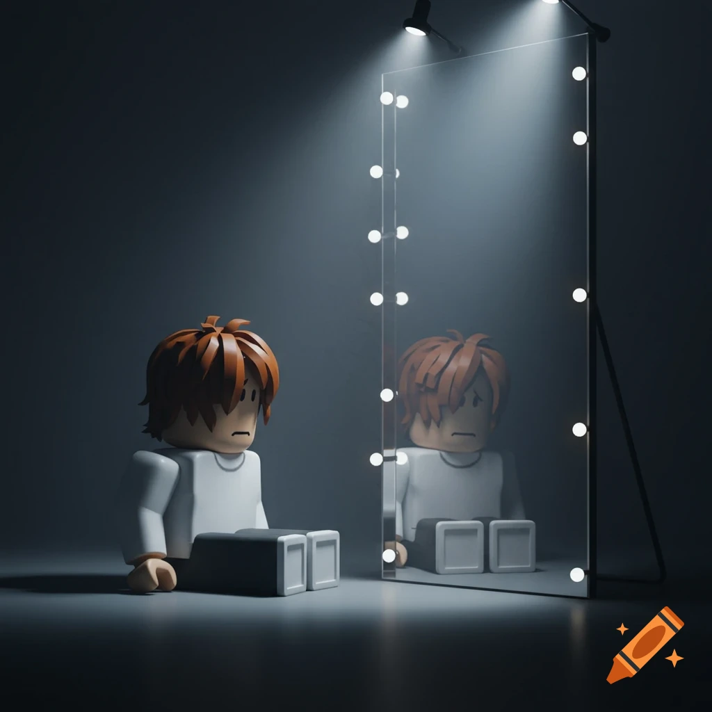 A sad Roblox avatar with red hair sits next to a brightly lit mirror in a dark room.