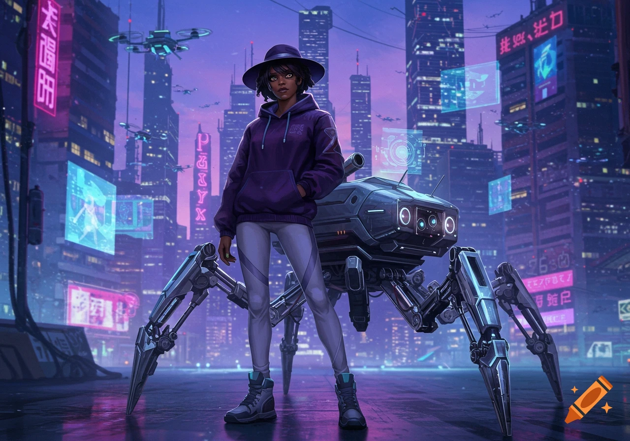 A Black girl in a purple hoodie and hat stands with a spider tank in a futuristic cyberpunk city at dusk.
