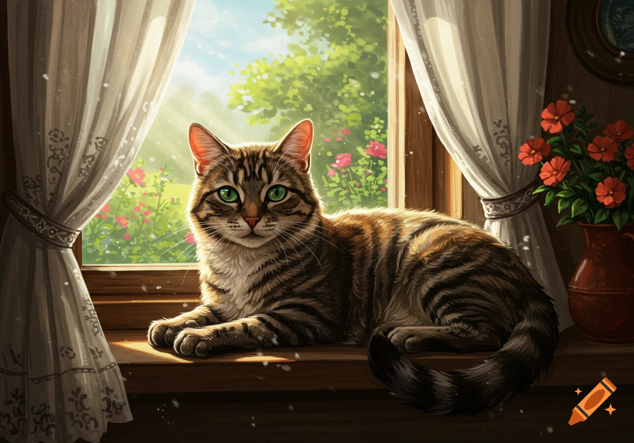 A tabby cat with bright green eyes lies on a sunlit windowsill, gazing out at a vibrant, flowery garden.
