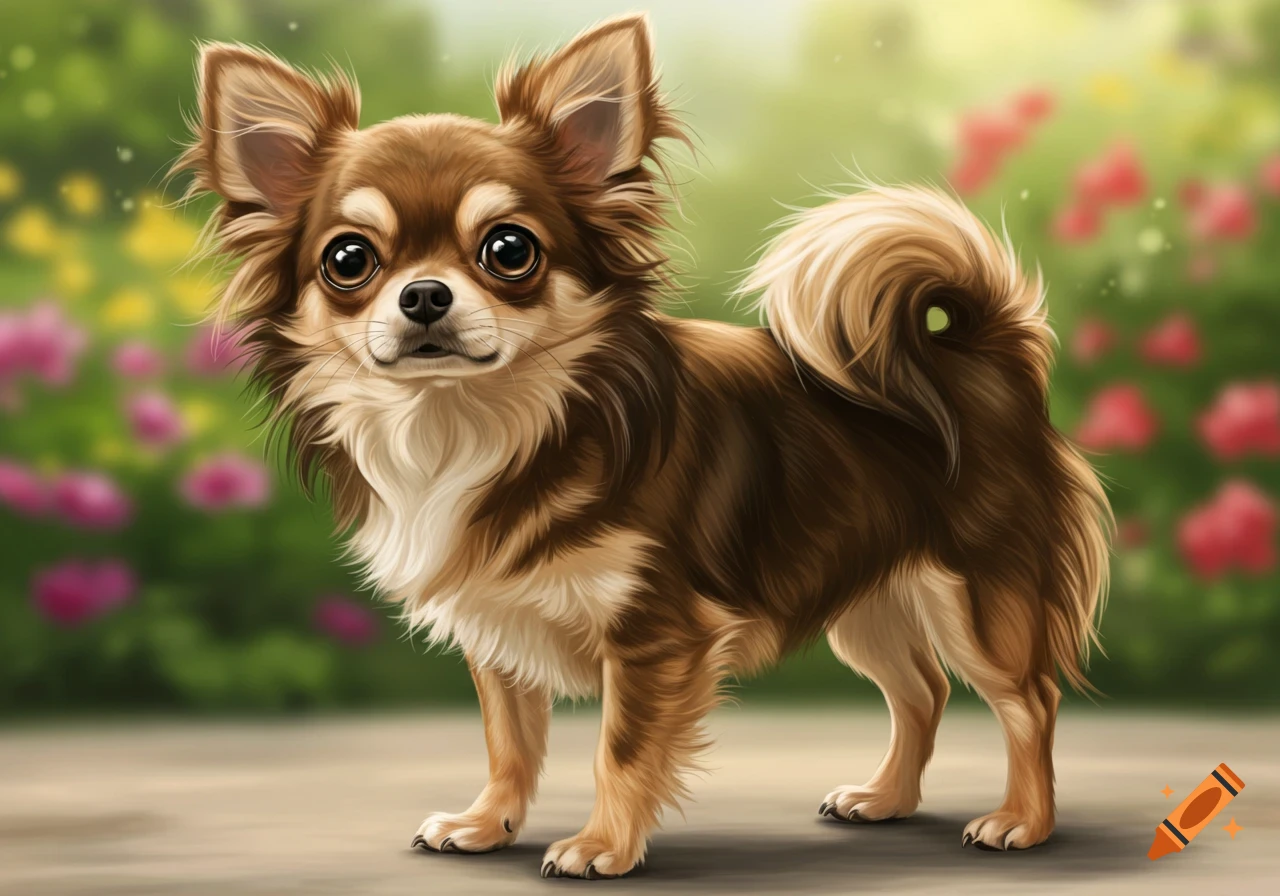 A brown and tan long-haired chihuahua with big, expressive eyes stands in a lush garden with pink and yellow flowers.
